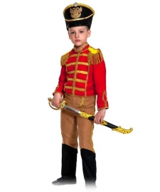 Детский карнавальный костюм Гусар (замш) красно-бежевый с сапогами 