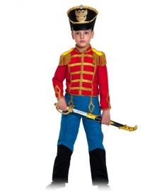 Детский карнавальный костюм Гусар (замш) красно-синий с сапогами 
