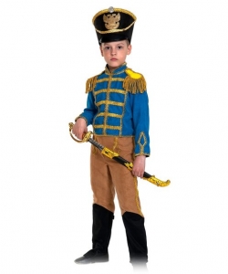 Детский карнавальный костюм Гусар (замш) сине-бежевый с сапогами  