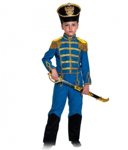 Детский карнавальный костюм Гусар (замш) синий с сапогами 	