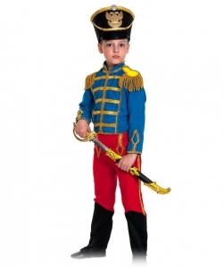 Детский карнавальный костюм Гусар (замш) сине-красный с сапогами 